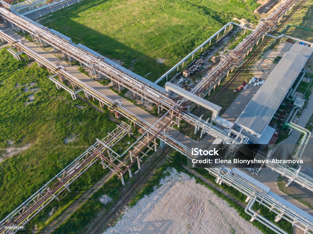 Aerial view of pipeline system of big chemical plant. Production of nitrogen fertilizers.