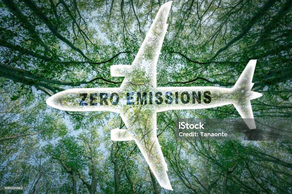 Icon of a commercial airplane with the words 'zero emissions' and a lush forest in the background. Suitable for concepts as Zero emissions, SAF or Sustainable Aviation Fuel, Circular economy and netCO2 emissions.