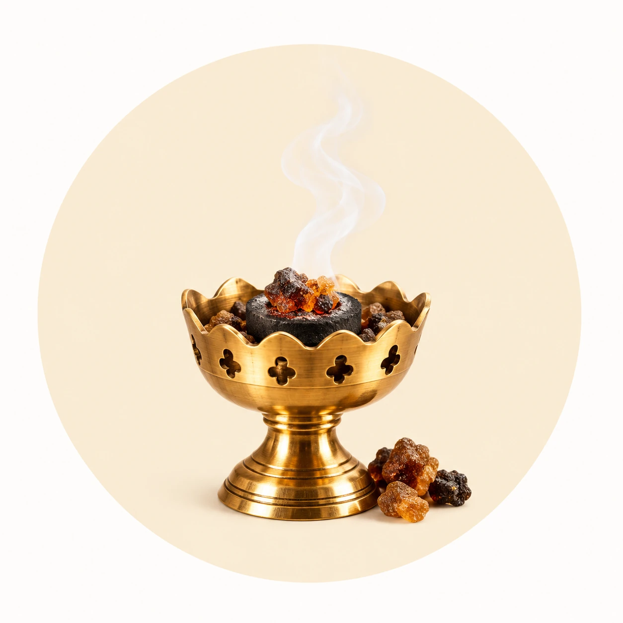 Sambrani incense burner with glowing resin and smoke
